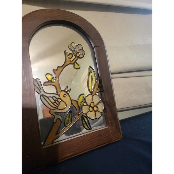 Small Enamel Bird Scence Wooden Framed Mirror "8.5in" Height